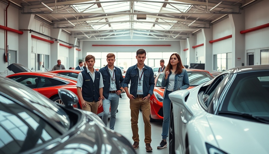 GTG Training's Apprentice Celebration with group and sports cars in garage.
