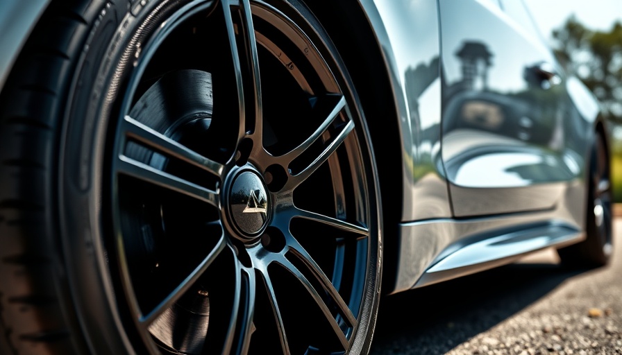 Sleek car wheel with black alloy rims under sunny sky.