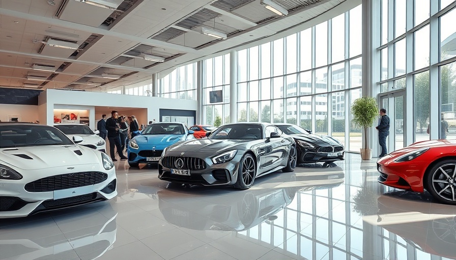 Modern car showroom on Memorial Day weekend with potential buyers.