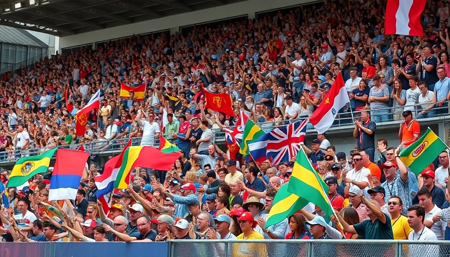 Cheering crowd at a vibrant racing event.