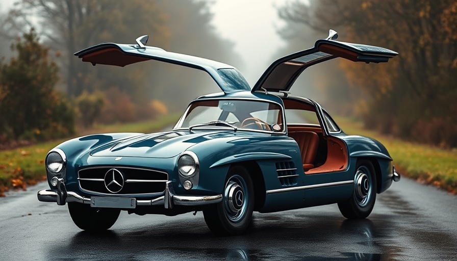 Vintage Mercedes 300 SL Gullwing with open doors on a misty road.