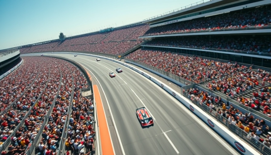 Indy 500 sold-out event aerial view with vibrant atmosphere and race cars.
