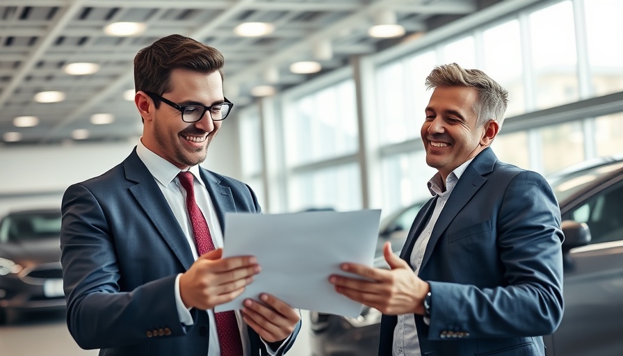 Smiling men in a showroom discussing Autofinity inventory management tool.