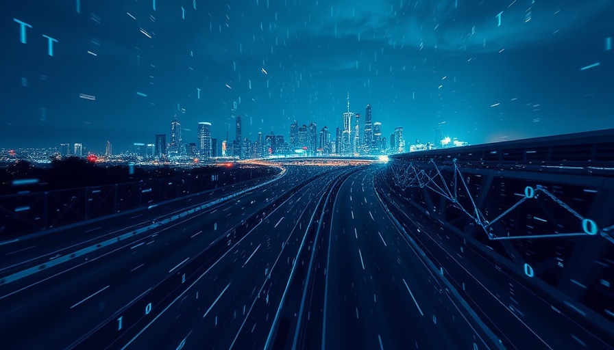 Digital highway with binary code overlay and city lights, concept of rising crime fraud in automotive dealers.