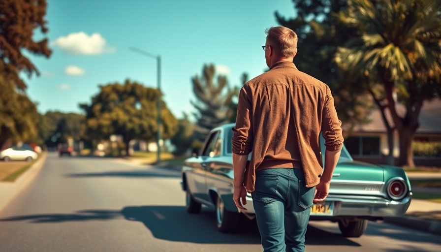 Man in retro style walking to classic car on suburban street.