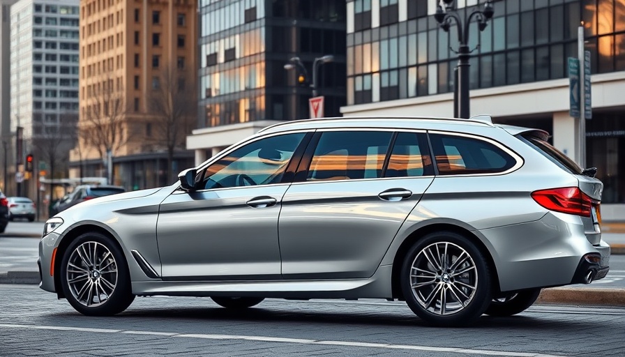 Silver M5 Touring station wagon in urban setting showcasing design.