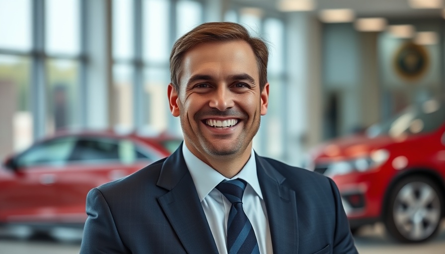 Auto Trader Group profit news: Man smiling in front of red car.