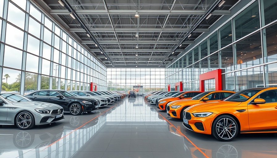 Luxury car dealership with nearly new EVs displayed, emphasizing discounted values.