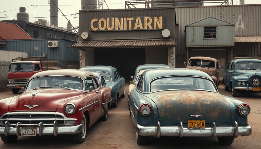 Car ownership problems illustrated humorously with old cars arriving together at a club.