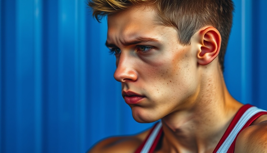 Focused male athlete resting post-race with blue stripe backdrop.