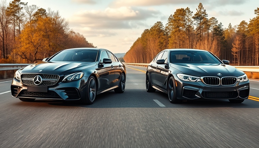 BMW and Mercedes cars on road, highlighting BMW outsold Mercedes in Q1 2025.
