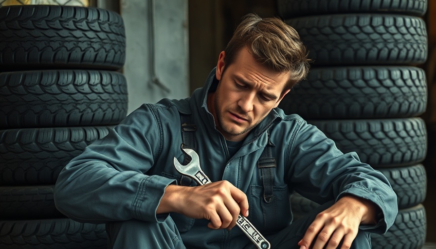 Mechanic reflecting on automotive mental health initiative, resting in garage.