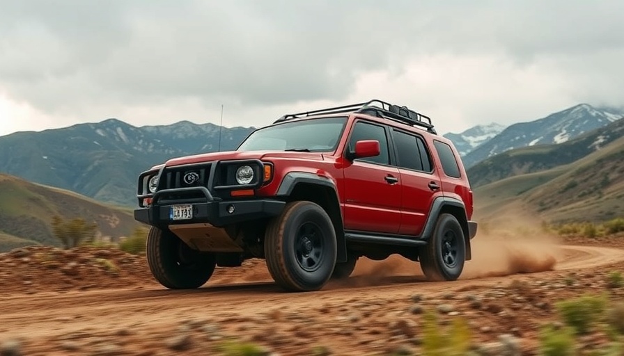 Red SUV on dirt road, showcasing off-road capabilities.