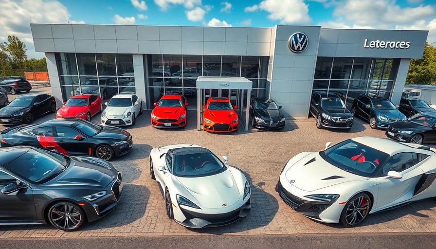 Luxury car dealership with diverse vehicles, UK new car market forecast 2025.