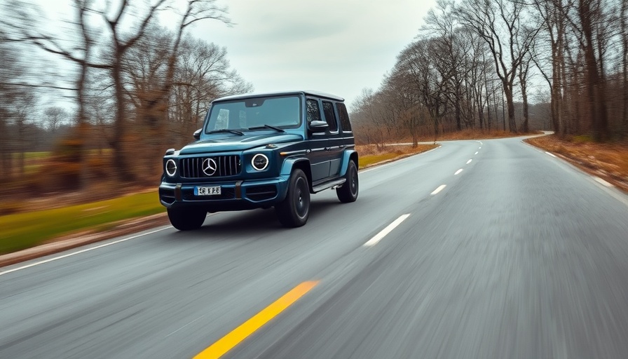 Blue Mercedes G 580 EQ driving through a rural area, showcasing vehicle's dynamic presence.