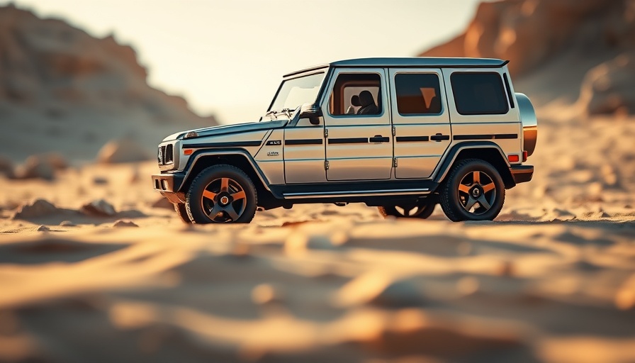 Silver baby Mercedes G-Class toy car on desert sand.