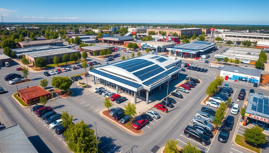 Aerial view of car dealership with solar panels, highlighting urban design.