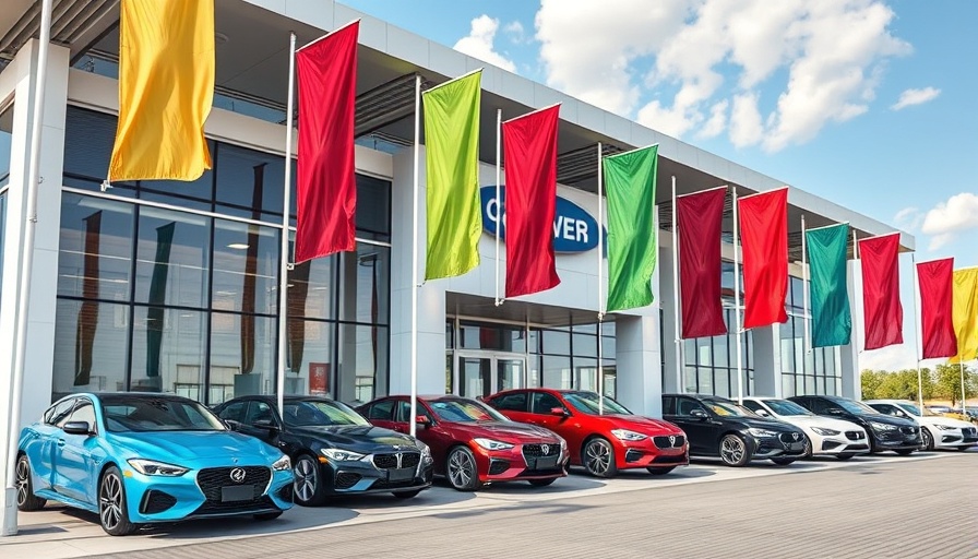 Modern car dealership with colorful flags and cars displayed.