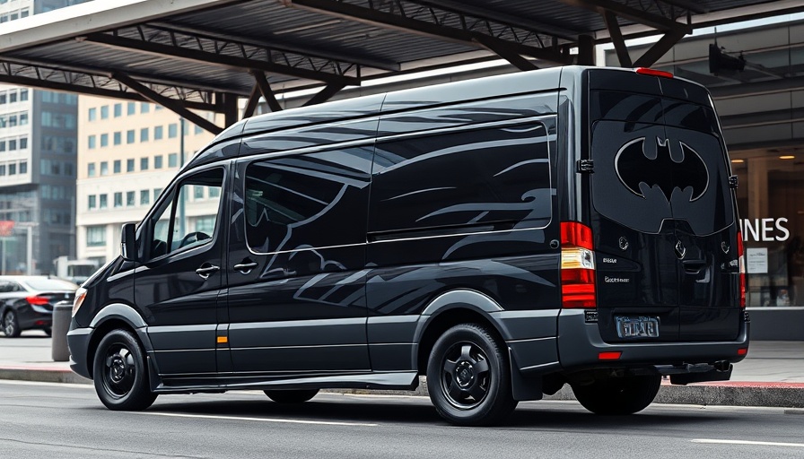 Batman car decal on a sleek black van in urban setting.