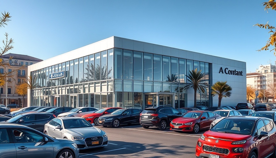 Modern car dealership building with parked cars in urban area.
