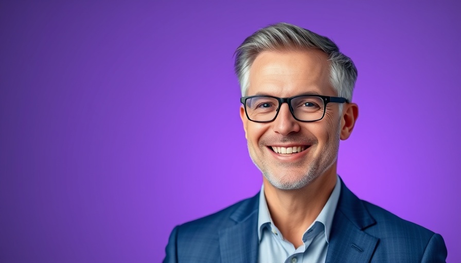 Smiling man with glasses in blue suit, purple backdrop.