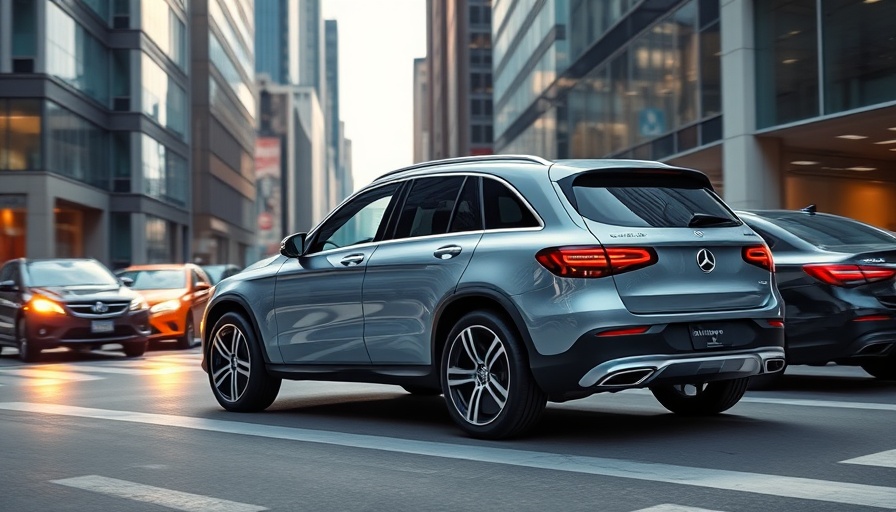 Fully electric Mercedes-Benz GLC EV parked in a modern cityscape.