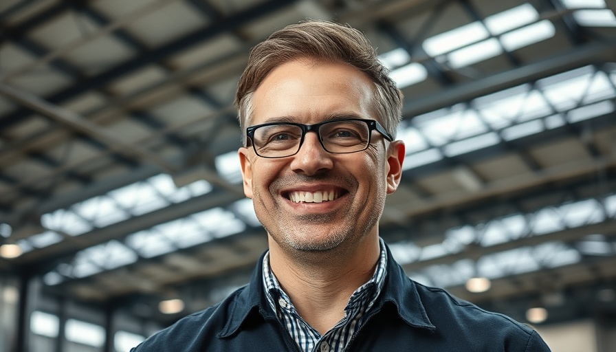 Professional man smiling in industrial setting.