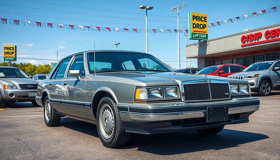 Used cars price drops displayed on older model at dealership lot.