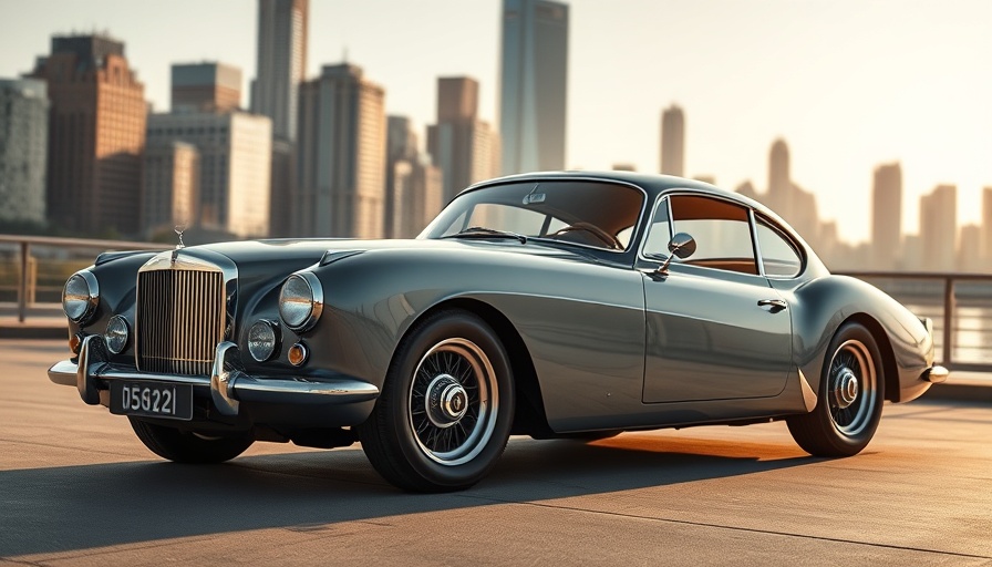 Classic luxury car parked, city skyline backdrop, golden hour lighting.