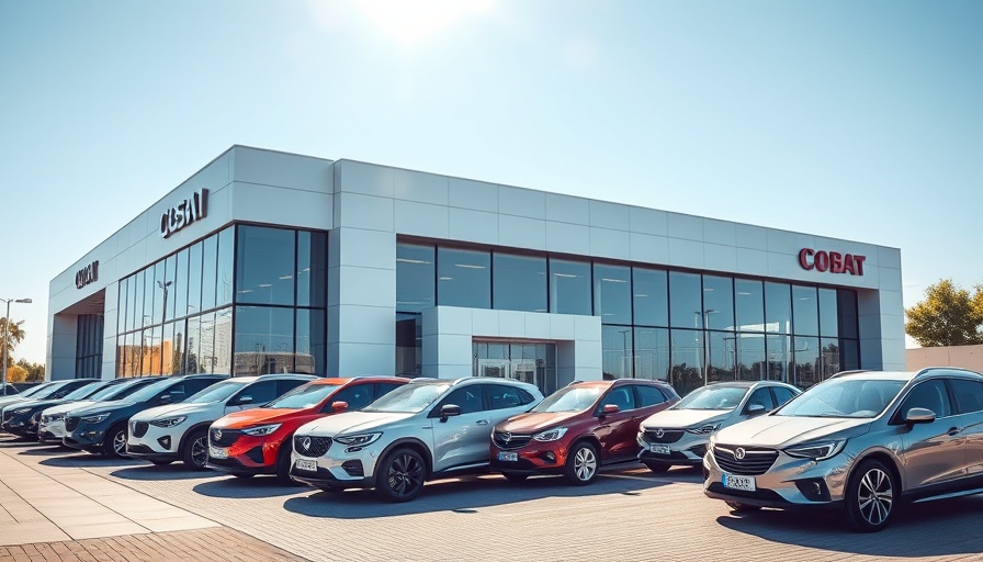 Modern car dealership with parked cars on a sunny day.