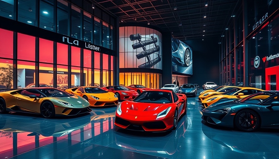 Luxury car showroom with vibrant sports cars at night.