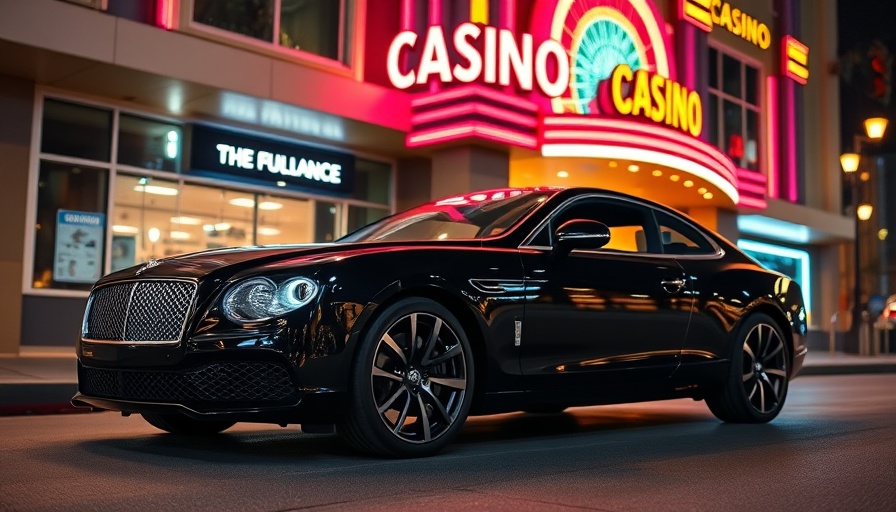 Luxurious car in front of a casino entrance at night