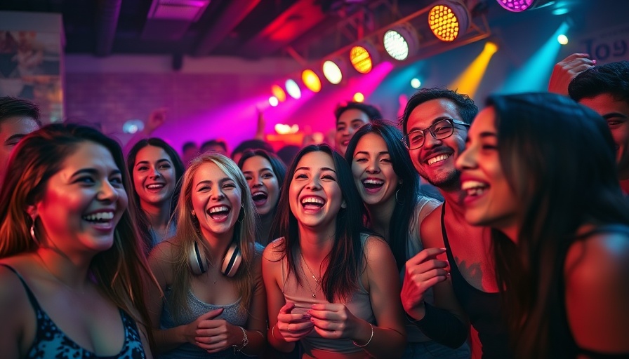 Vibrant party scene with friends celebrating, colorful lights, energetic atmosphere.