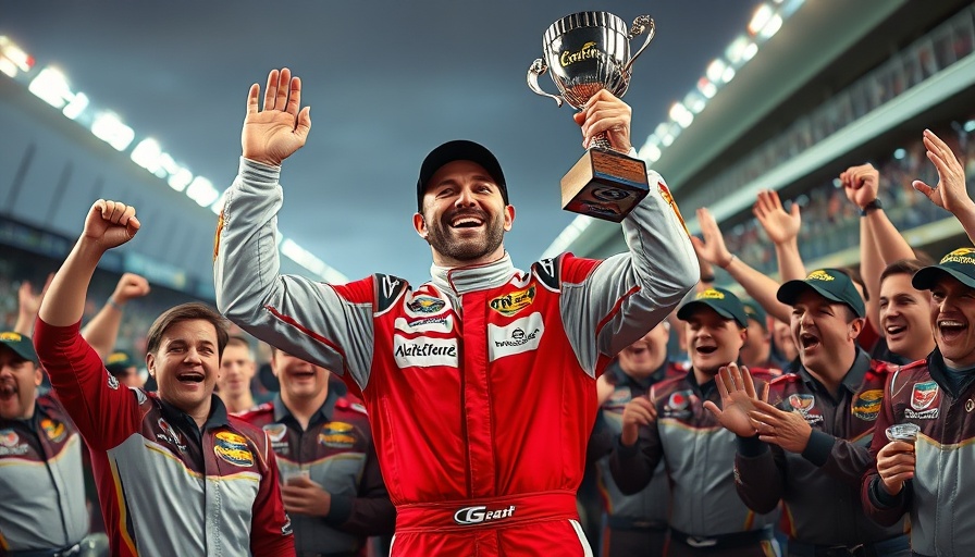 Dale Earnhardt Jr. crew chief celebrating a win with trophy and team.