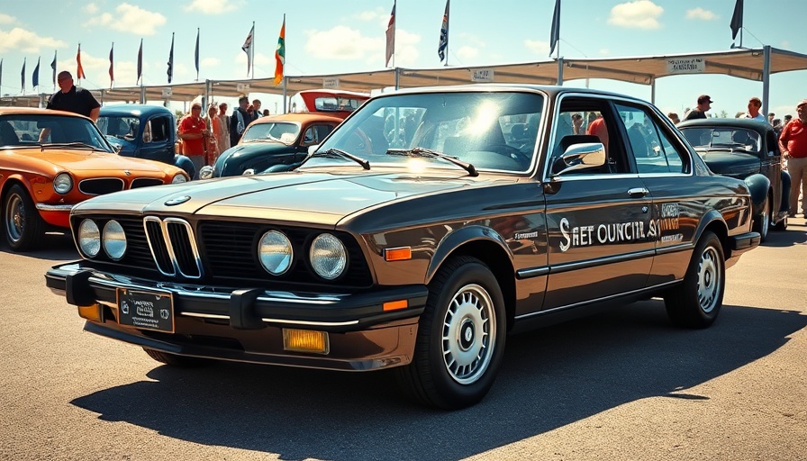 1982 BMW 528i at classic car auction under sunny skies.