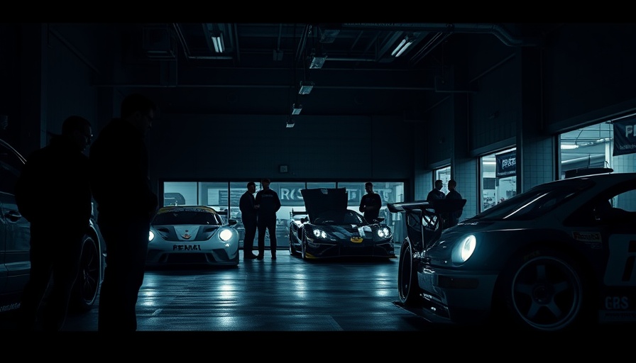 Race car garage dimly lit with shadowy figures.