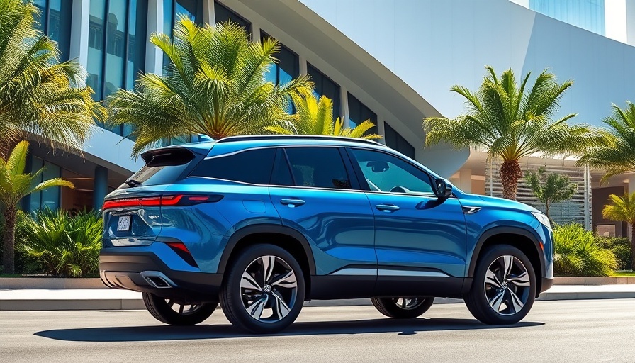 Sleek modern blue SUV parked near a contemporary building.