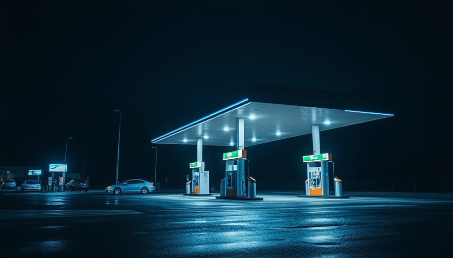 Gas station with multiple pumps at night, highlighting maintenance costs in Hybrid vs. Gasoline cars.