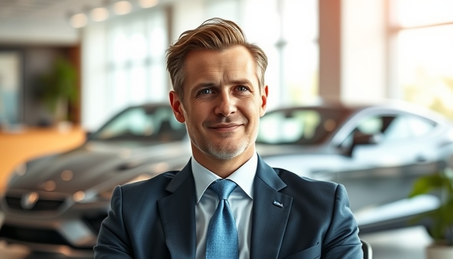 Luxury car background with business professional wearing blue tie.