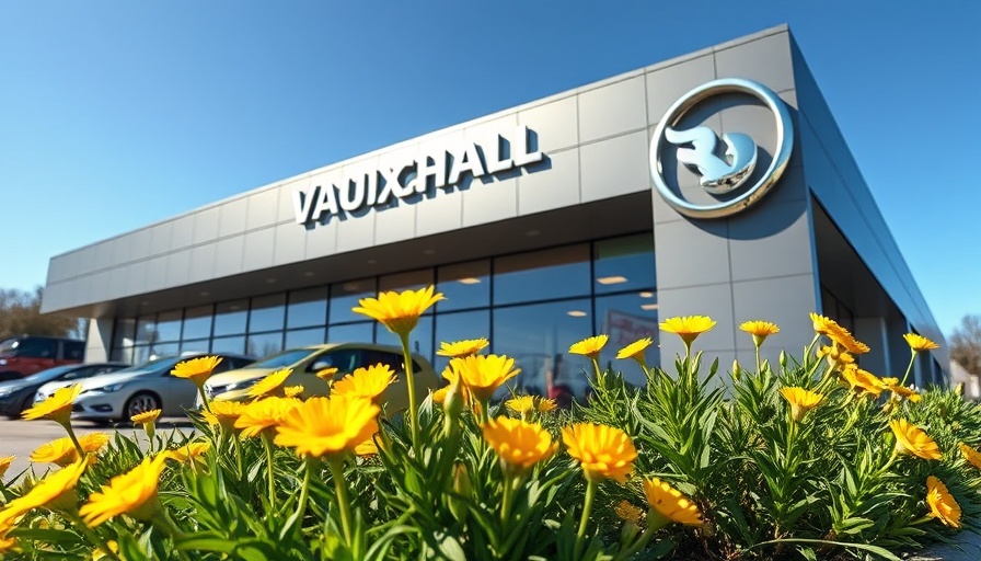 Modern Vauxhall dealership amidst greenery, bright day.