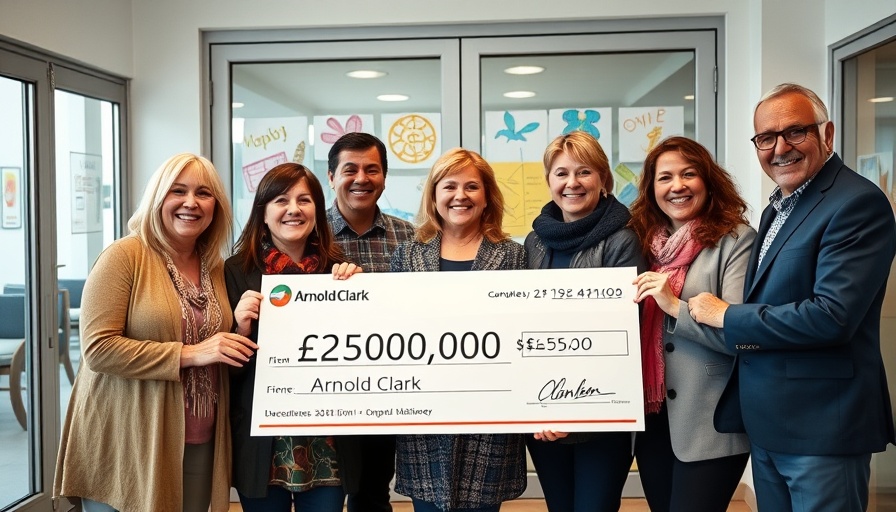 Joyful group celebrating Arnold Clark's £30000 donation.