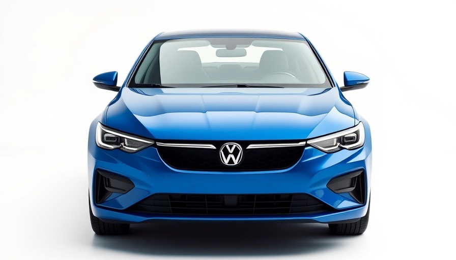 Front view of a sleek modern blue sedan, minimalist design.