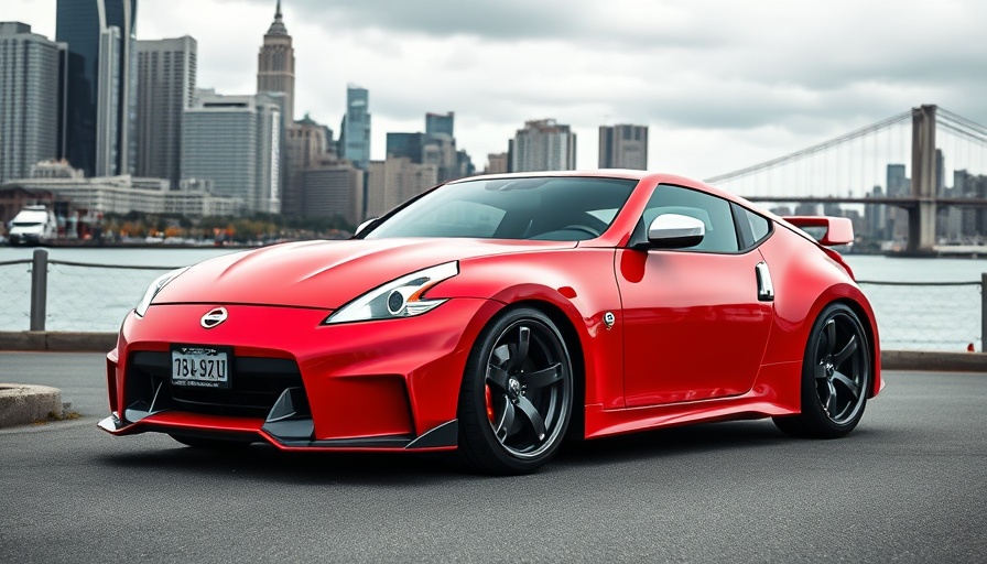 Sporty Nissan 370Z by a waterfront, showcasing custom design.