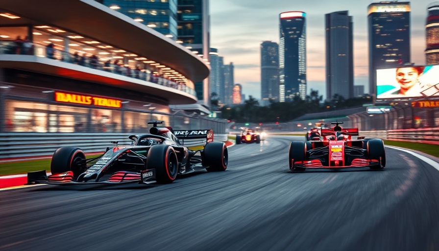 F1 race cars speeding under bright city lights.