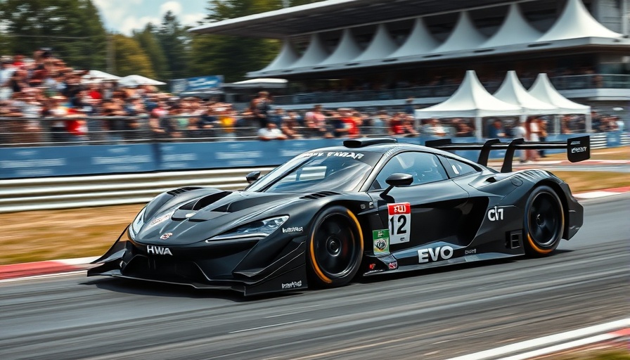 Dynamic black HWA EVO race car speeding on track at debut.