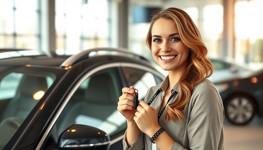 Smiling woman holding car keys in a showroom, highlighting real cost of car ownership.