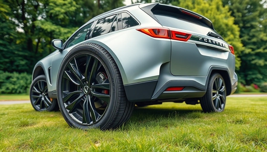 SUV showcasing potential shock absorber problems, parked on gravel with green background.