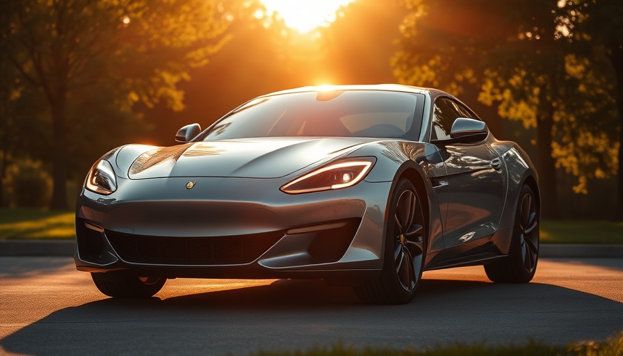 Silver car in a park with headlights on during sunrise.