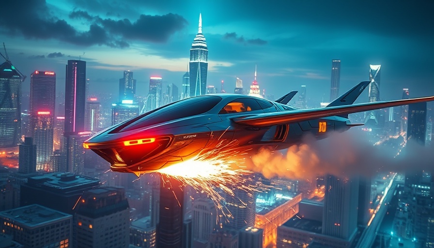 Futuristic scene of a flying car malfunction over a neon city.