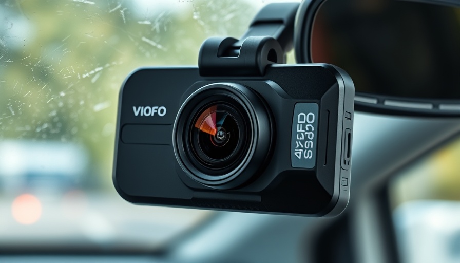 VIOFO A329S dash cam on dusty windshield close-up.